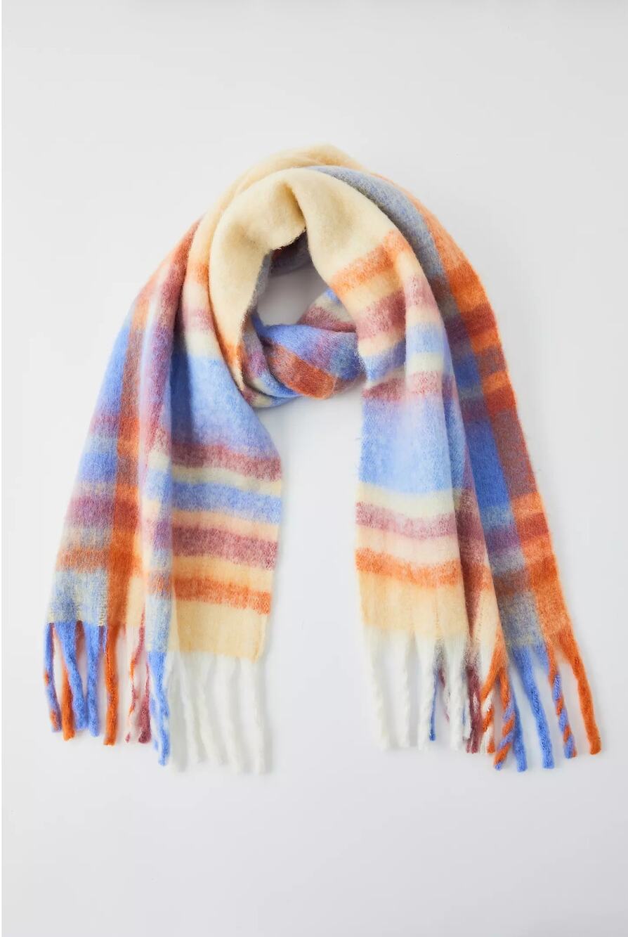 Urban Outfitters Cozy Oversized Multicolor Blue Orange Plaid Woven Fringe Scarf